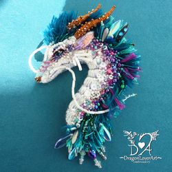 Haku dragon white beaded brooch in fantasy style