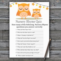 Sleeping Owl Nursery rhyme quiz baby shower game card,Owl Baby shower games printable,Fun Baby Shower Activity--366