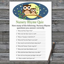 Owl Nursery rhyme quiz baby shower game card,Woodland Baby shower games printable,Fun Baby Shower Activity-365
