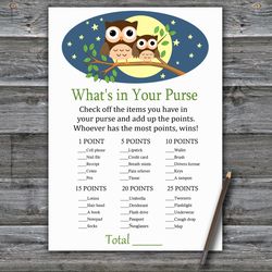 Owl What's in your purse game,Woodland Baby shower games printable,Fun Baby Shower Activity,Instant Download-365