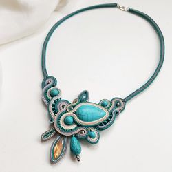 Turquoise necklace, Blue Statement necklace, Soutache necklace, bib necklace, Bead Embroidered Floral Bohemian Boho