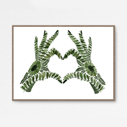 Watercolor print LOVE, green heart illustration