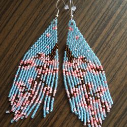 Styles Beaded Earrings with sakura Long blue beaded fringe earrings Boho Beaded Earrings huichol earrings gift for wom