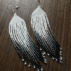 Long seed bead Fringed boho earrings Black dainty earrings with fringe Contemporary Tribal Earrings