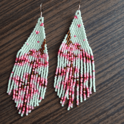 Long beaded floral fringe earrings with sakura boho earrings, Green huichol earrings for women