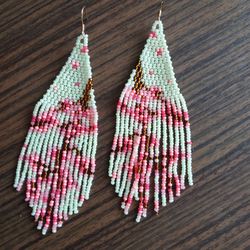 long beaded floral fringe earrings with sakura boho earrings, green huichol earrings for women