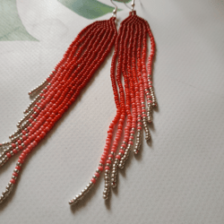 Extra long red gradient earrings Seed bead earrings Boho ombre earrings red gold beaded earrings Fringe red gold beaded