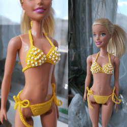 Doll bikini, Yellow polka dot bikini for 11.5 inch doll, Beaded swim suit for doll, Fashion doll bathing suit 1/6 scale