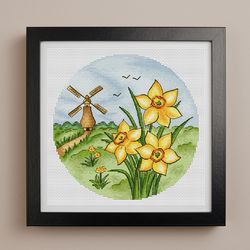 Daffodils cross stitch pattern PDF, Narcissus Flowers, Floral cross stitch, Nature cross stitch, Mill cross stitch