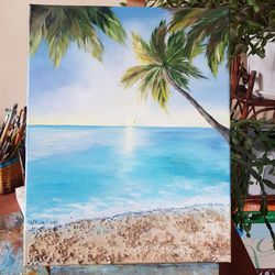 Ocean Painting  Original Art Ocean Wall Art Oil Painting Seascape Artwork Palm trees on the shore