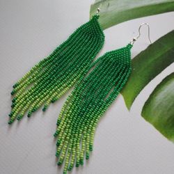 Long beaded earrings with fringe Long green fringe earrings Extra long earrings Mexican earrings