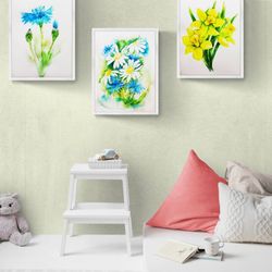 Spring Blue Yellow Florals set 3 Wall Art - digital file that you will download
