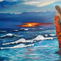 Sea painting painting girl on the sea art 23*31 inch sunset on the sea painting