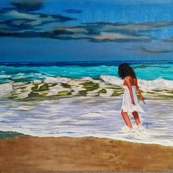 Girl on the sea painting Marine painting 27*35 inch Sea waves art