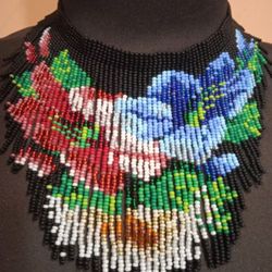Bright floral seed bead fringe choker necklace Exquisite necklace gift for women Spectacular fringe necklace with bright