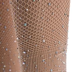 Rhinestone Fishnet Tights Crystal Shining Pantyhose beige skin color fishnets dance