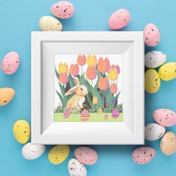Cute Easter bunny in the spring green garden with yellow pink tulips and Easter eggs cross stitch printable PDF pattern