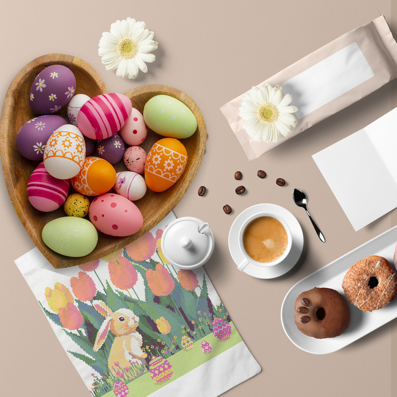 4 Cute Easter bunny in the spring green garden with red yellow pink tulips and multicolored Easter eggs and flowers cross stitch PDF pattern created for Creativ