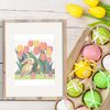 17 Cute Easter bunny in the spring green garden with red yellow pink tulips and multicolored Easter eggs and flowers cross stitch PDF pattern created for Creati