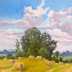 Original oil painting on canvas 16x16. Haystacks country landscape