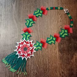 Huichol beaded necklace with a large flower Beadwork flower necklace for women gifts