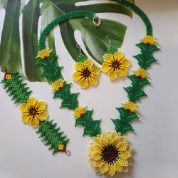 seed bead huichol sunflower jewelry set mexican style huichol necklace earrings bracelet boho flower jewelry