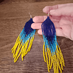 extra long ukrainian blue and yellow gradient earrings seed bead earrings boho ombre earrings fringe ukrainian blue yell