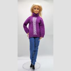 Purple sweater with braid pattern for Barbie doll. Clothes for Barbie doll.