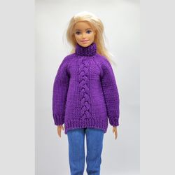 Dark purple sweater with braid pattern for Barbie doll. Clothes for Barbie doll.
