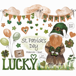 Watercolor St Patrick's Day clip art, Cute gnome clipart, Shamrock, Clover, Lucky PNG, Irish Sublimation Graphics