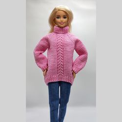 Pink sweater with pattern on the front for Barbie doll. Clothes for Barbie doll.
