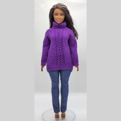 Purple sweater with pattern on the front for Barbie doll. Clothes for Barbie doll.