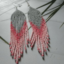Long beaded fringe gray-pink ombre earrings Huichol earrings Native beaded earrings birthday gift for her