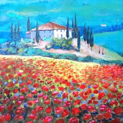 Original handmade oil painting Poppies in the hills of Tuscany Floral landscape Wall Art  Painting Living room interior