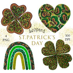 Leopard print St Patricks Day PNG, Watercolor rainbow clipart, Green heart, 4 leaf clover, Shamrock clip art, Lucky sign