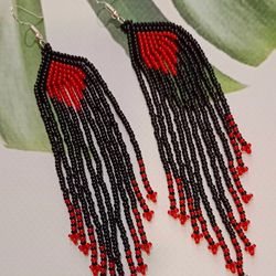 long ombre beaded earrings with fringe Contemporary Tribal Earrings seed bead earrings boho earrings Red huichol fringe
