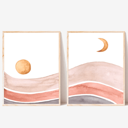 Boho landscape print set of 2, Watercolor abstract printable art, Sun and moon, Earth tones, Mid century modern wall art