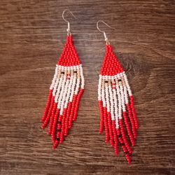Santa Claus earrings Christmas gift Long beaded earrings Boho earrings Long fringe earrings Huichol earrings