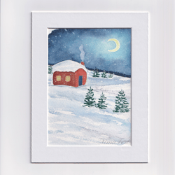 Red house painting Winter landscape Night moon painting Original watercolor painting