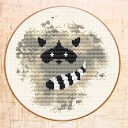 Watercolor raccoon cross stitch pattern PDF, Woodland nursery hoop art