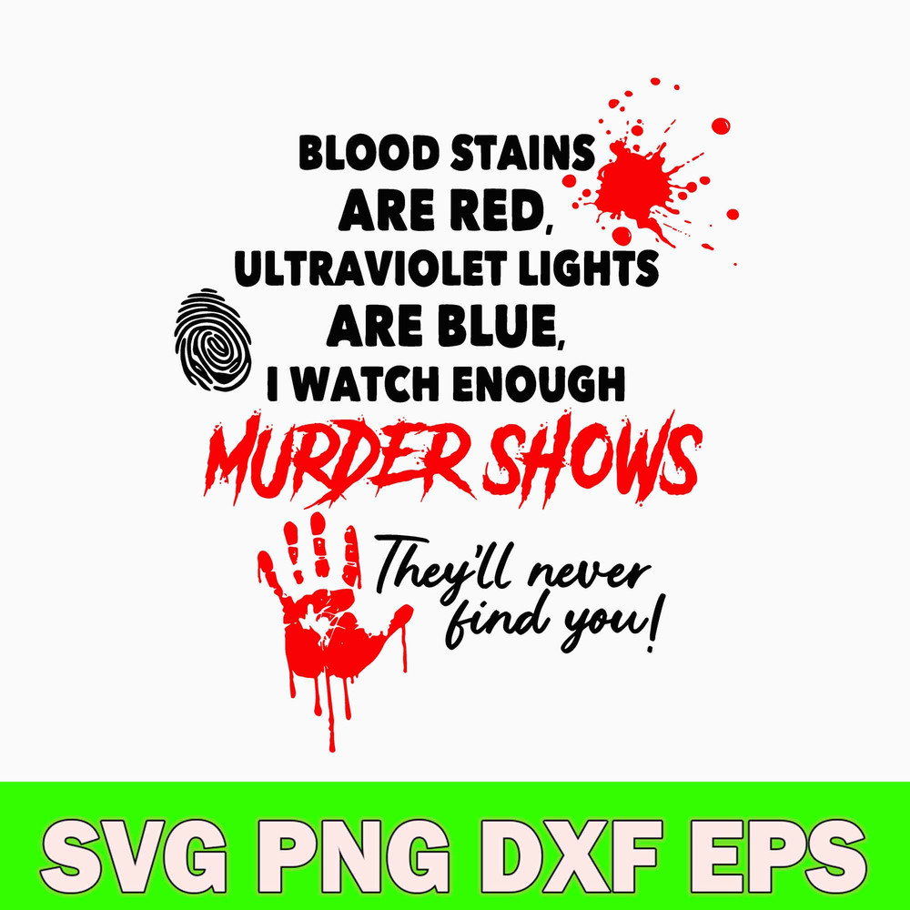Blood Stains Are Red Svg, Ultraviolet Lights Are Blue Svg, I watch Enough Murder Shows Svg, They’ll Never Find You Svg, Png Dxf Eps File.jpg
