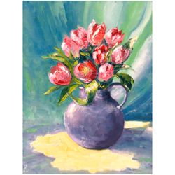 Tulips Painting Flowers Original Art Still Life Painting Impressionist Artwork Impasto Painting 16"x12" by Ksenia De