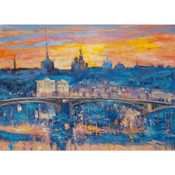 Saint Petersburg Painting Cityscape Original Art Sunset Painting Impressionist Art Impasto Painting 20"x28" by Ksenia De