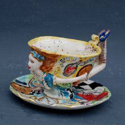 Wonderland Cup Saucer Porcelain tea set Alice figurine Fancy coffee tea mug Hand painted Drink me  Alice fan gift