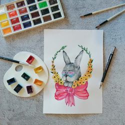 hare wiht glasses painting original art  rabbit art wall art 8 by 6 inches riche art  ready to ship