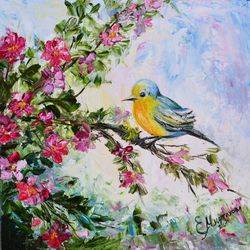Yellow Birds Painting Original Art Bird on Flowering Branch Painting Flowers Landscape Art Spring Painting Small 8 by 8