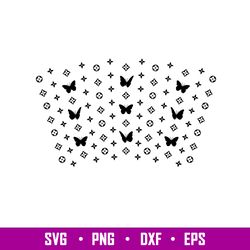 LV Butterfly Full Wrap, Butterfly Full Wrap Svg, Starbucks Svg, Coffee Ring Svg, Cold Cup Svg, png,eps,dxf file