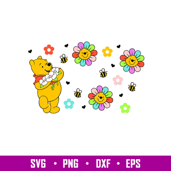 Rainbow Sunflower Bear, Rainbow Sunflower Pooh Bear Full Wrap Svg, Starbucks Svg, Coffee Ring Svg, Cold Cup Svg, png,dxf,eps file.jpg
