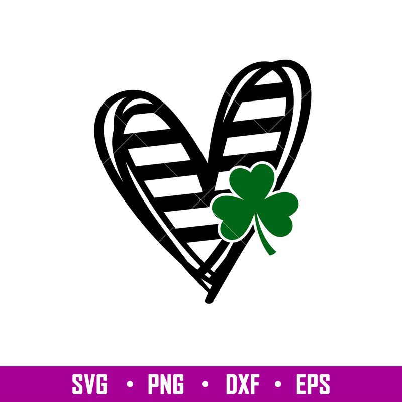 Stripped Heart With Clover, Stripped Heart With Clover Svg, St. Patrick’s Day Svg, Lucky Svg, Irish Svg, Clover Svg, png,dxf,eps file.jpg