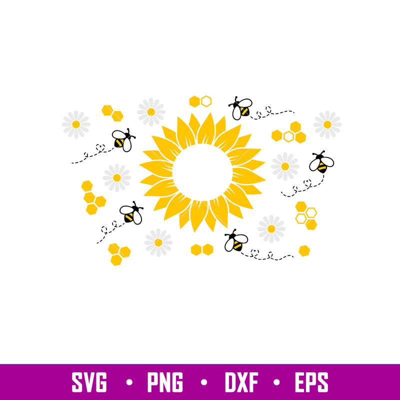 Sunflower Bees Full Wrap, Sunflower Bees Full Wrap Svg, Starbucks Svg, Coffee Ring Svg, Cold Cup Svg, png,dxf,eps file.jpg